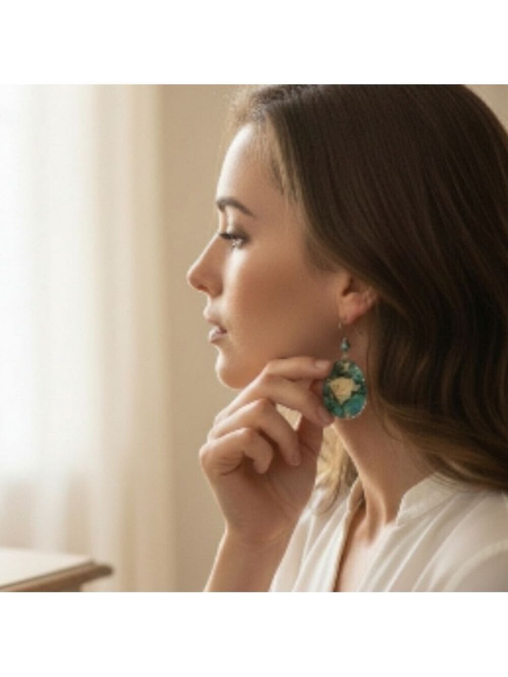 Turquoise Cream Swirl Circle Drop Silver Dangle Earrings